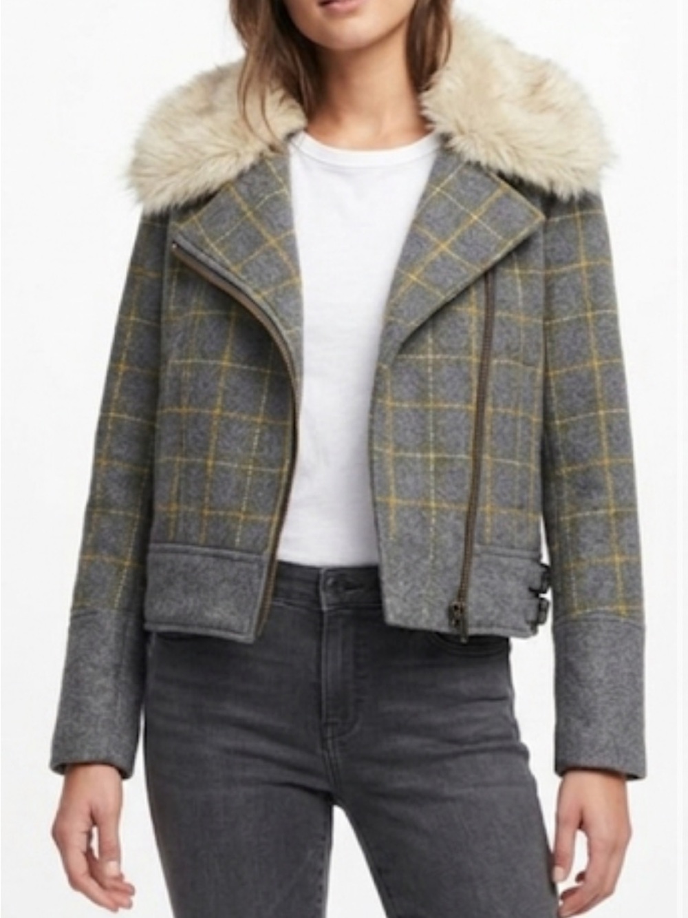 Banana Republic Wool Faux Fur Plaid Cropped Moto Jacket